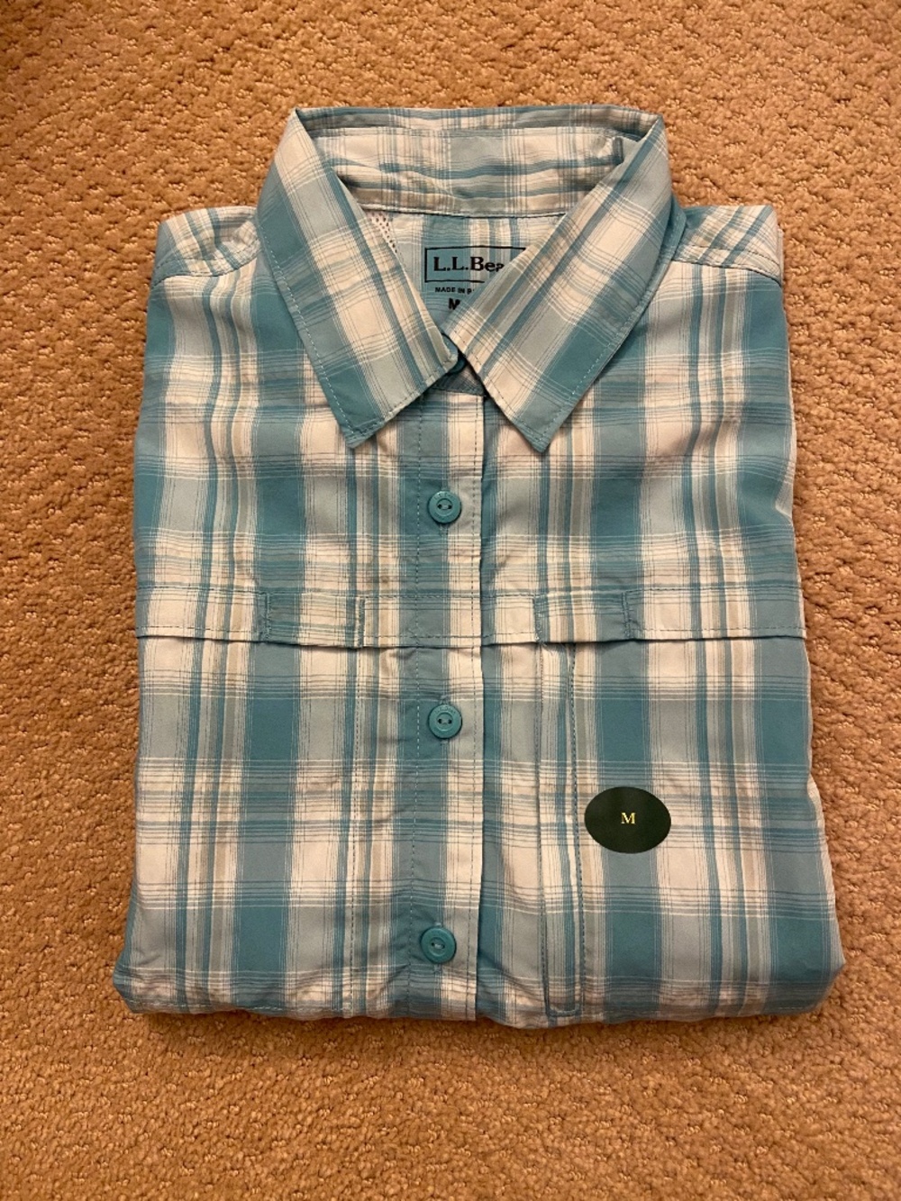 LL Bean Aqua Plaid Tropic Wear Sunblock Seersucker Shirt; Medium; Lightweight